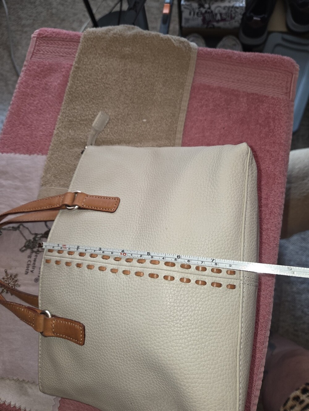 Fossil White Leather Handbag Tote | Tan Straps | Pebbled Leather Classic Stitch - Picture 10 of 11